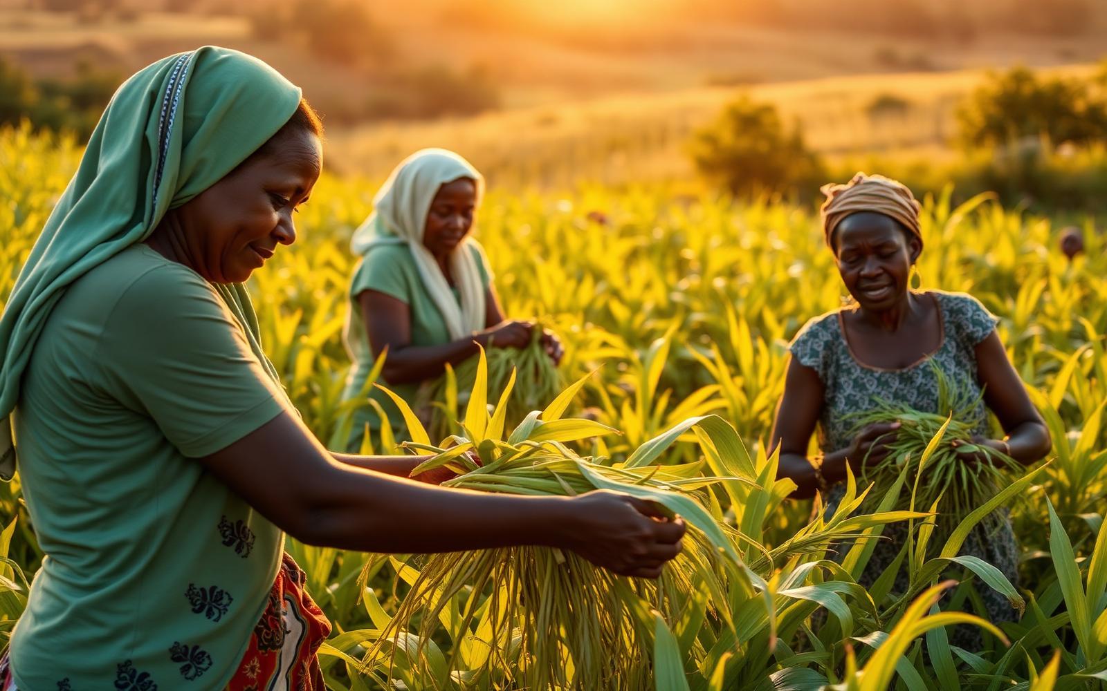 Ugandan women farmers harvesting herbs