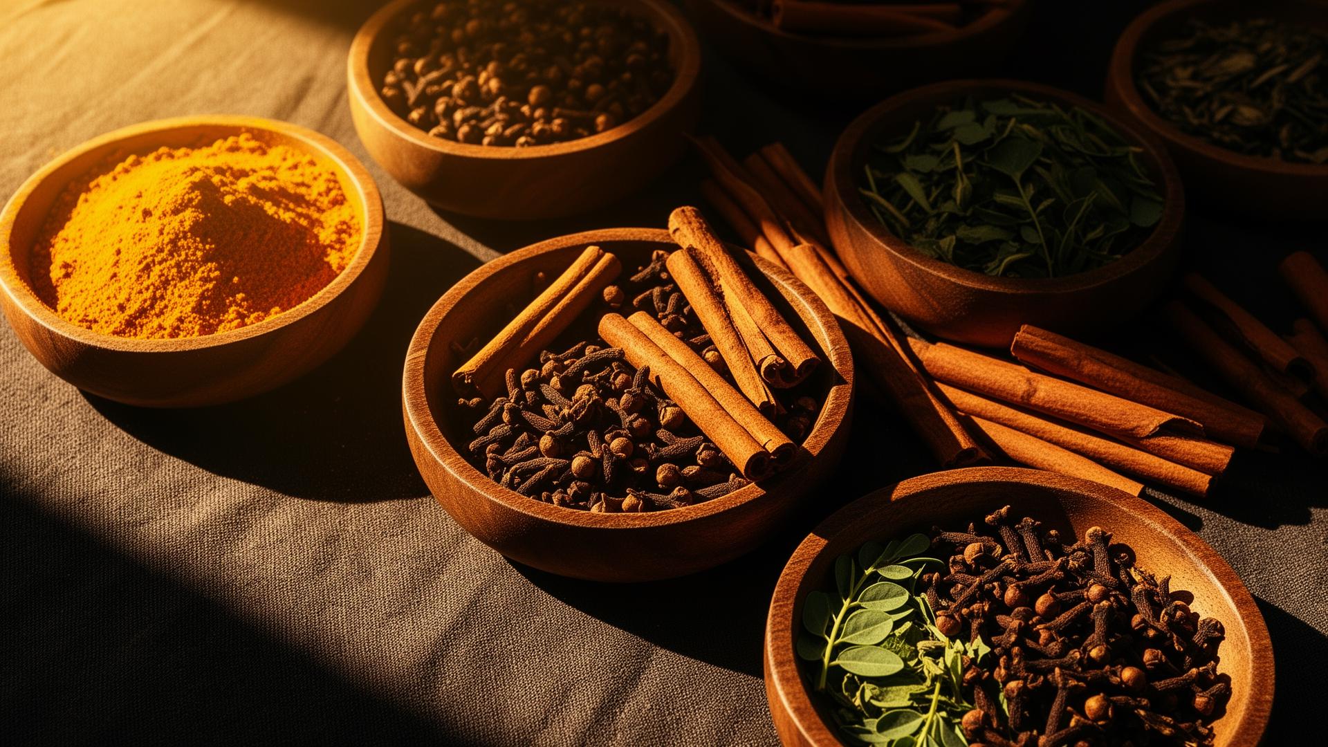 Wooden bowls of Ugandan turmeric, cloves, cinnamon and moringa